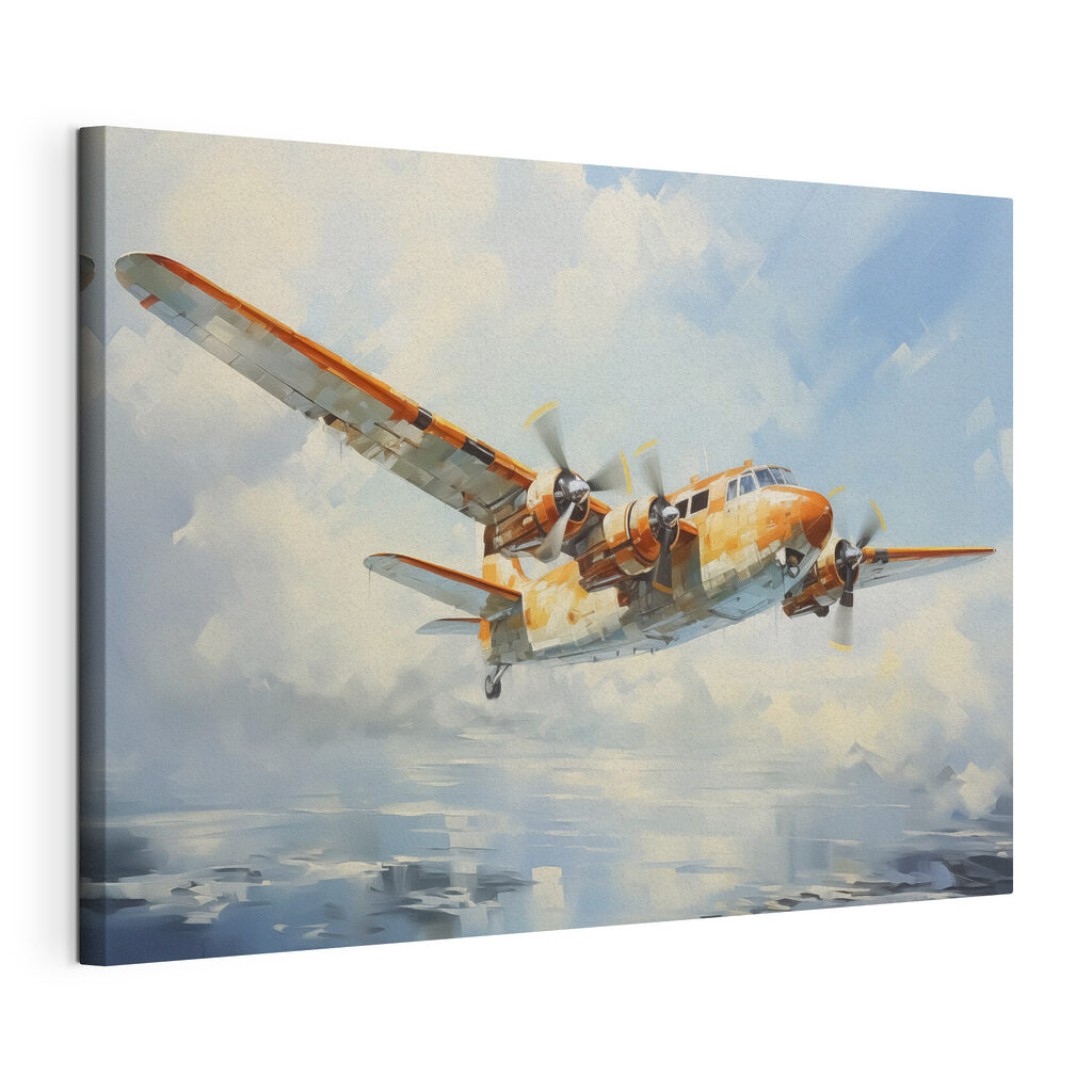 An orange and white airplane flying in the sky