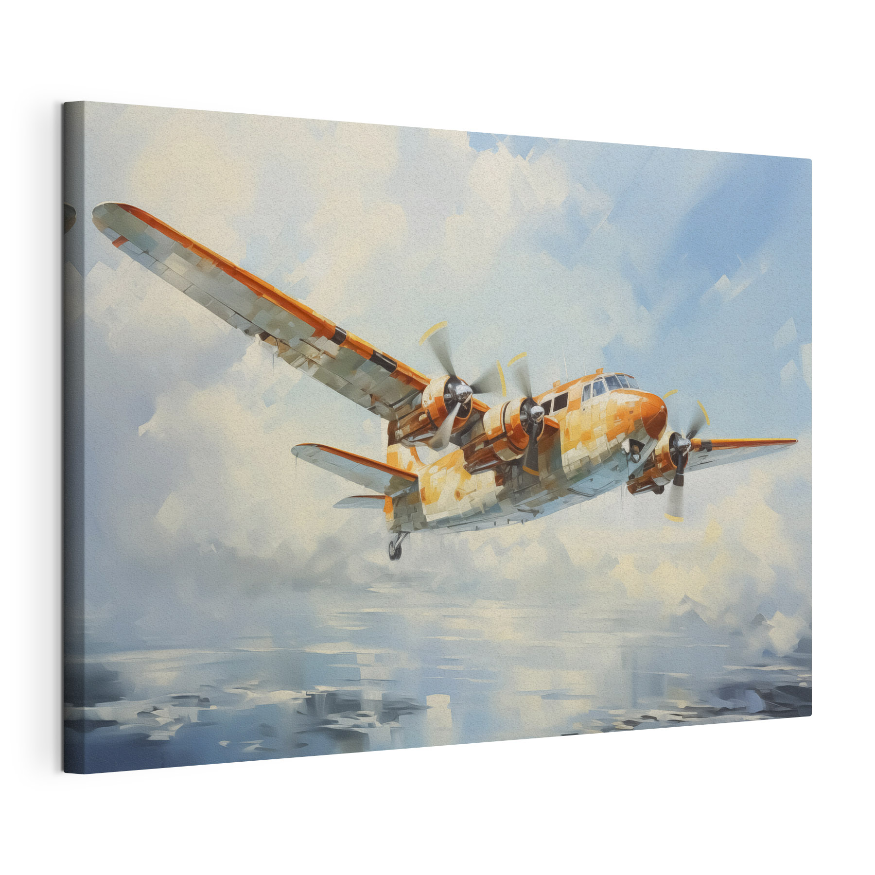 An orange and white airplane flying in the sky