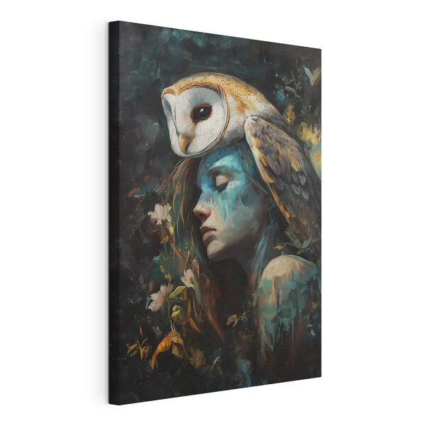 Painting of a woman with an owl on her head