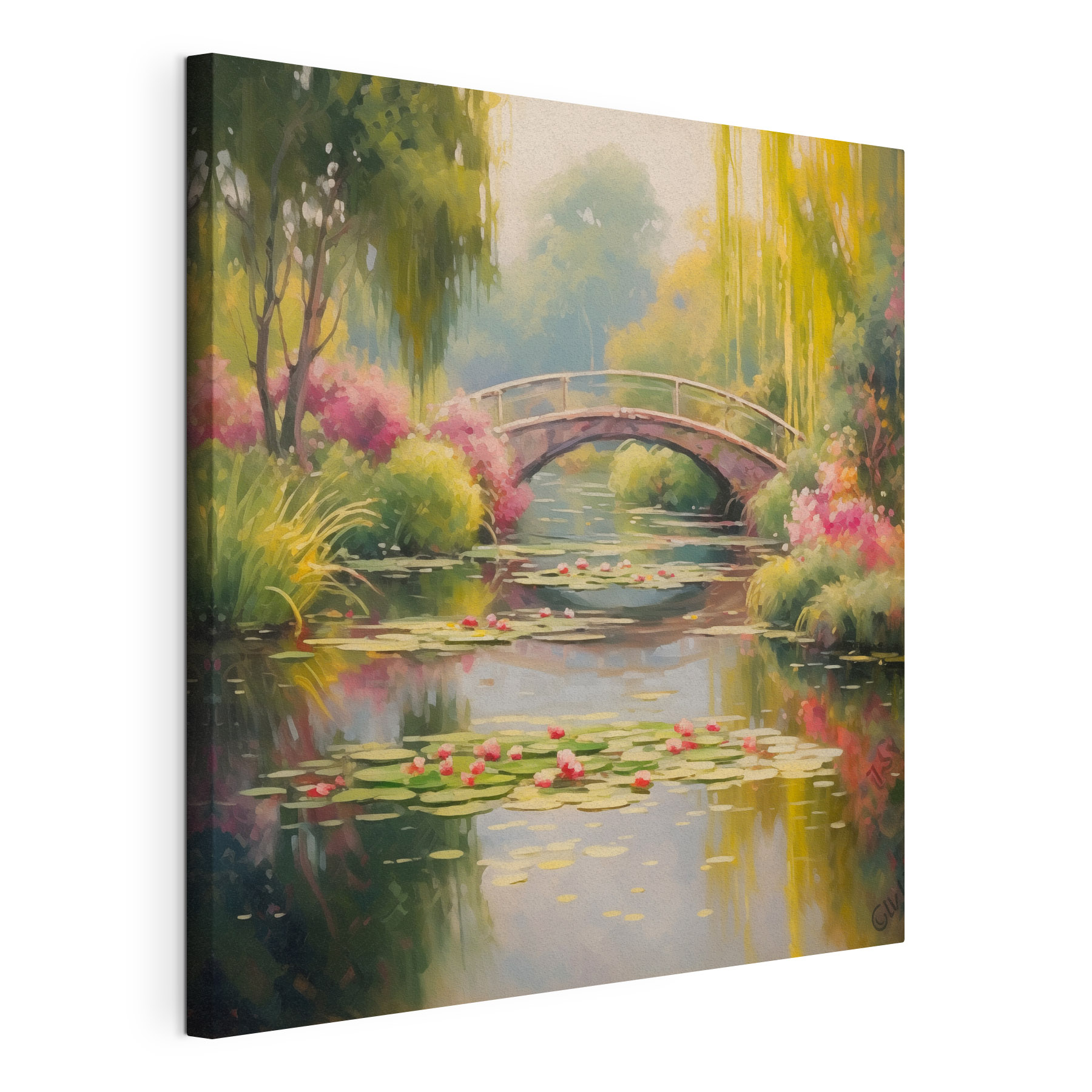 Bridge over a pond with lily pads and flowers Bridge over a pond with lily pads and flowers