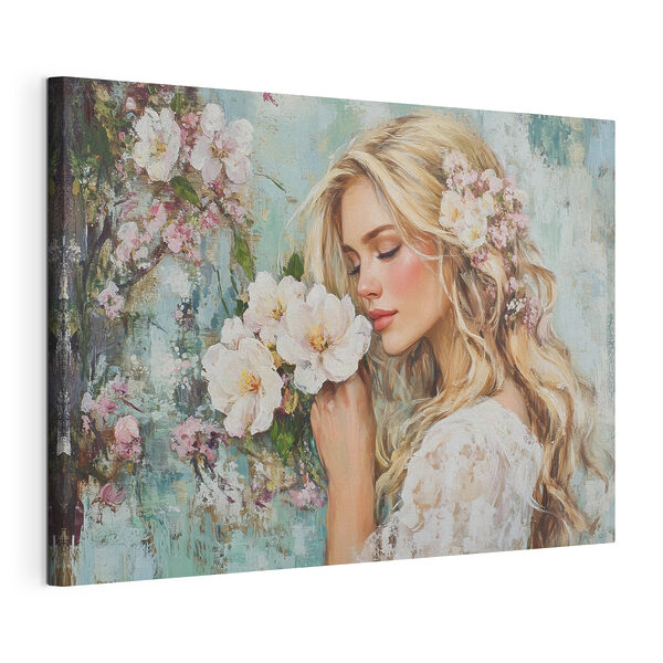 Painting of a woman smelling flowers Painting of a woman smelling flowers
