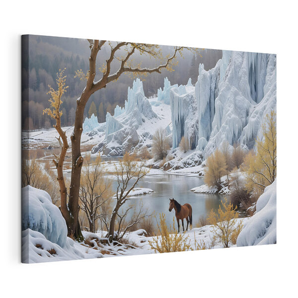 Horse standing in the snow next to a body of water