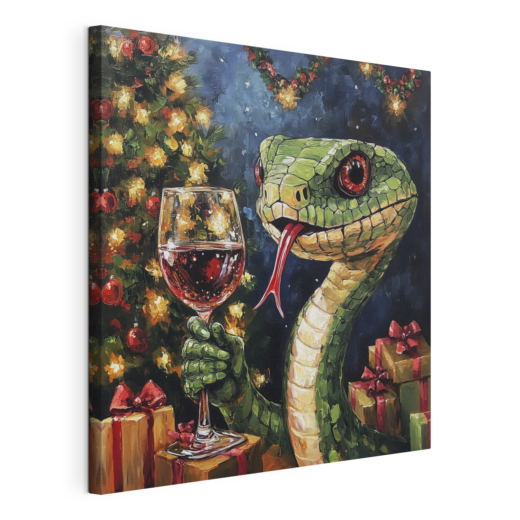 Painting of a snake holding a glass of wine