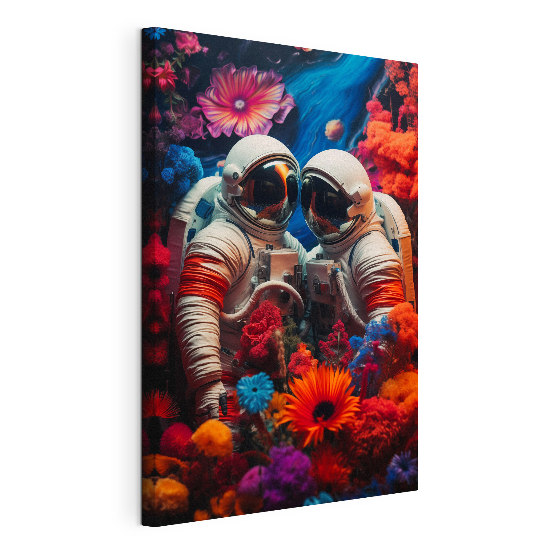 Two astronauts in space suits and flowers