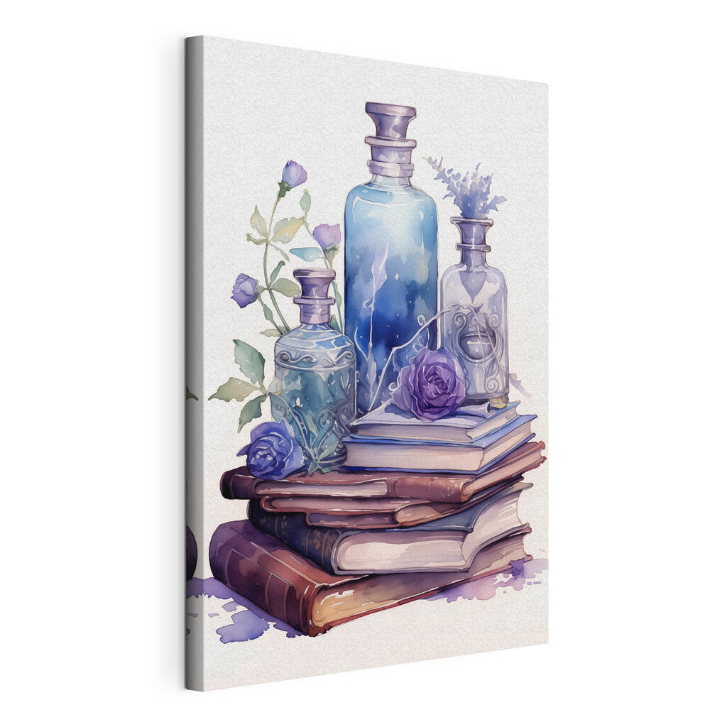 Watercolor painting of a stack of books and bottles