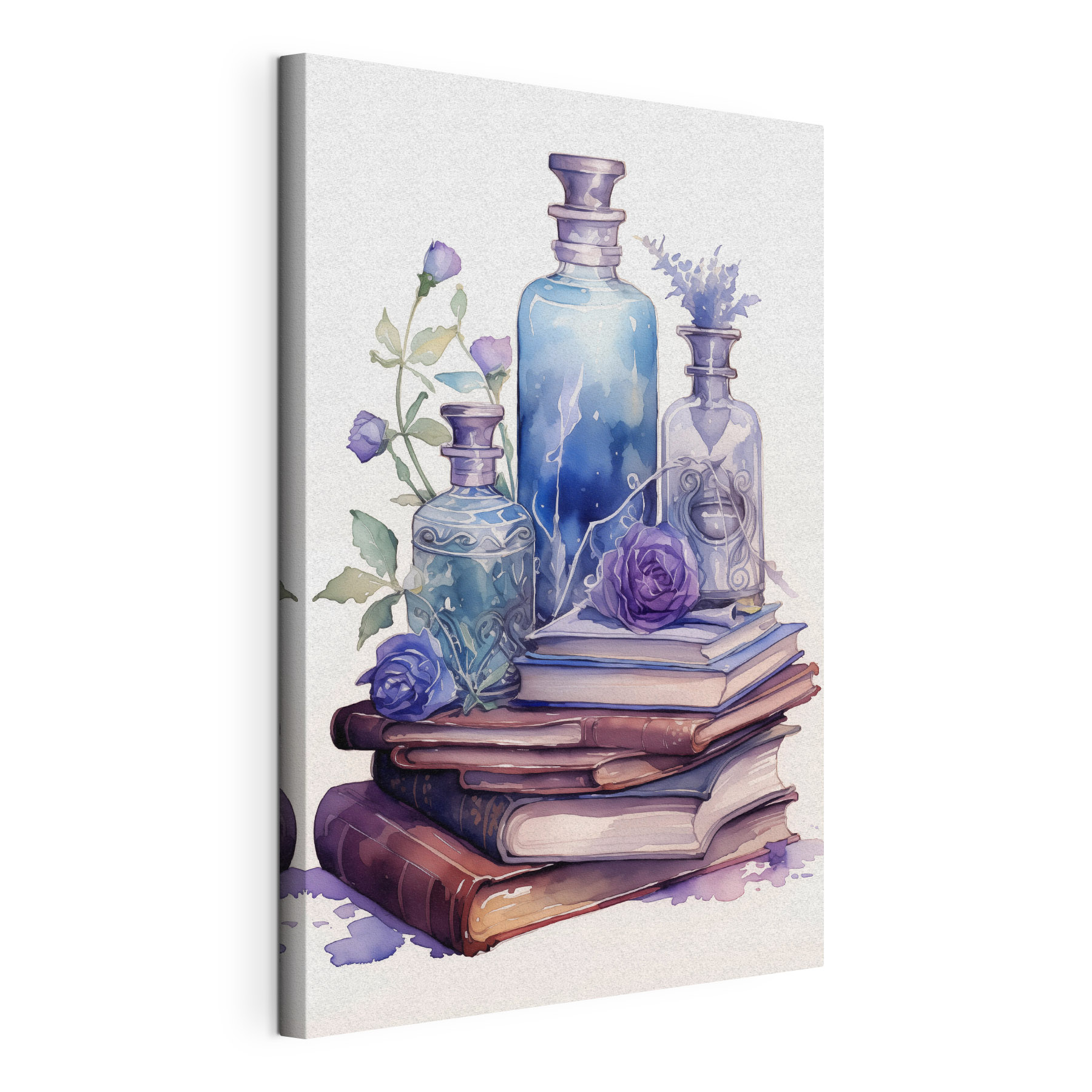Watercolor painting of a stack of books and bottles