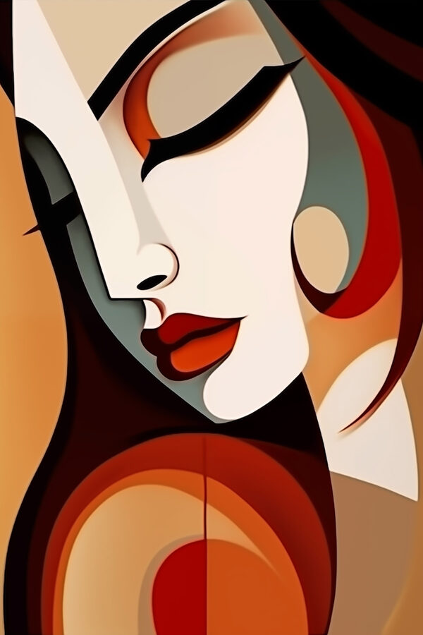 Woman's face with red lips and black hair