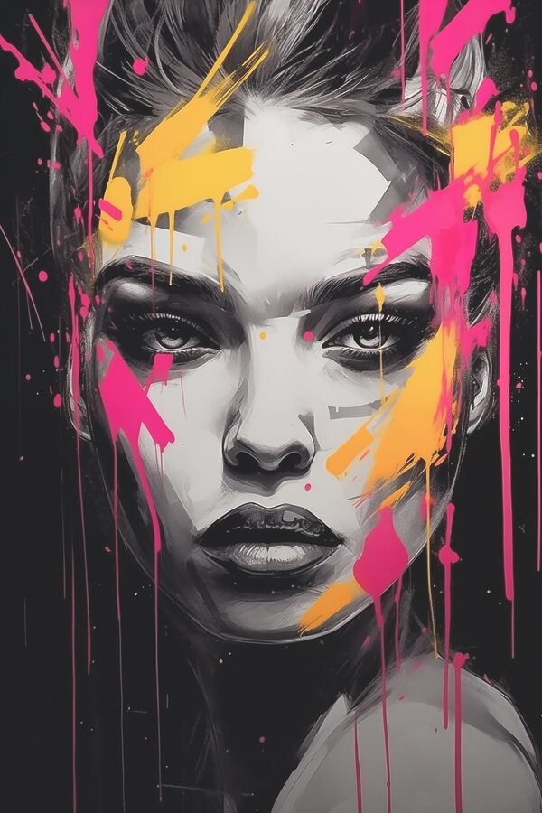 Painting of a woman with pink and yellow paint on her face