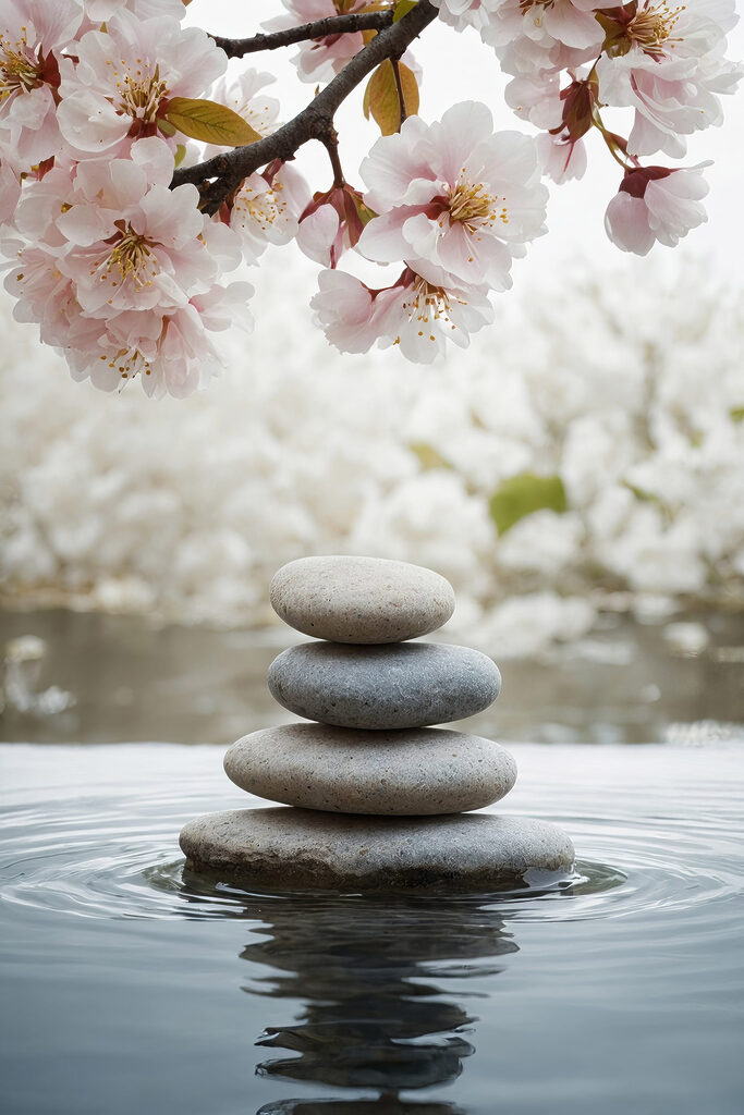 Stack of rocks in water with flowers in the background