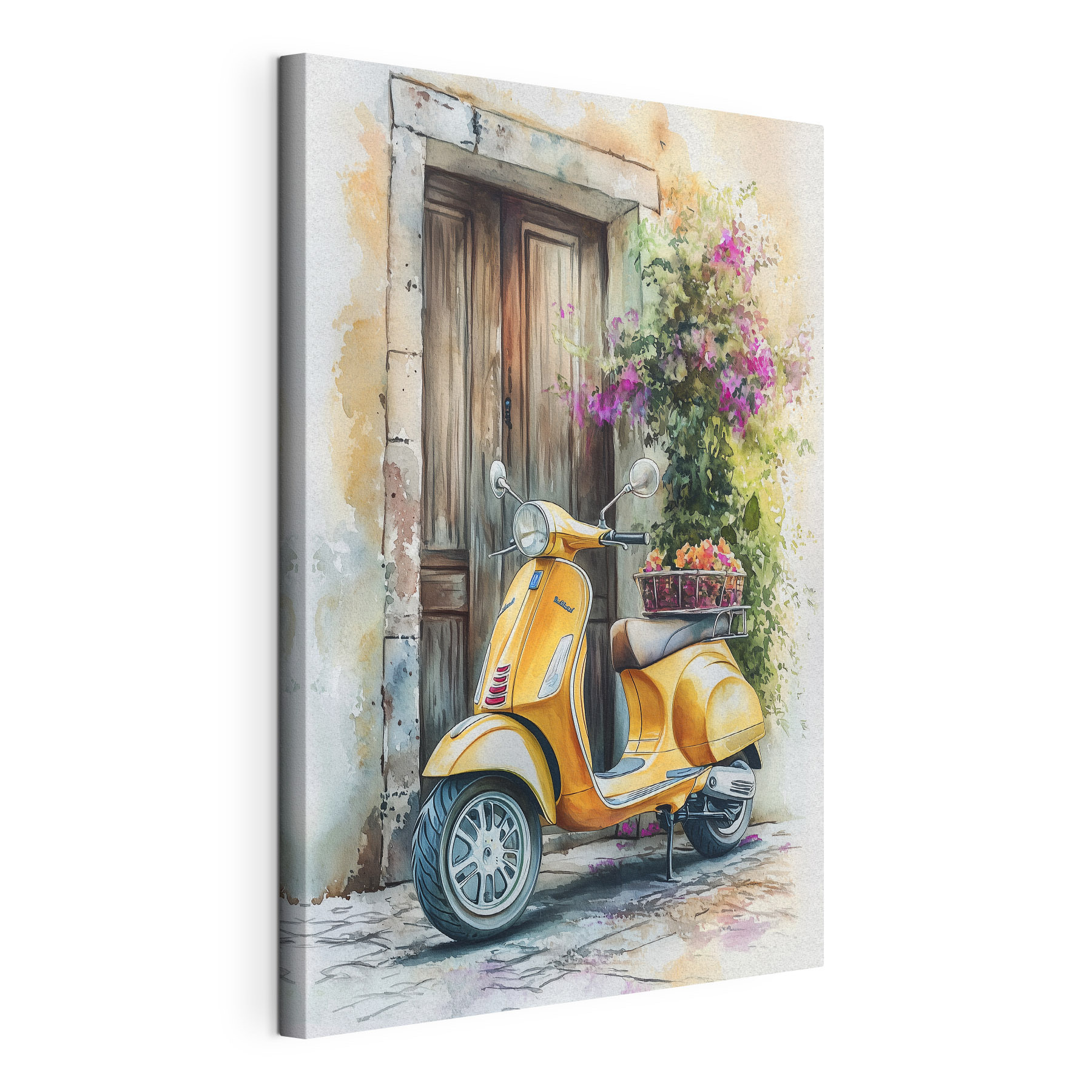 Yellow scooter with basket of flowers on the back Yellow scooter with basket of flowers on the back