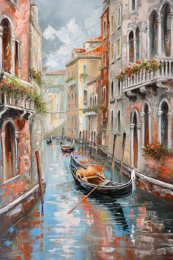 Painting of a canal with a gondola in the middle of a city