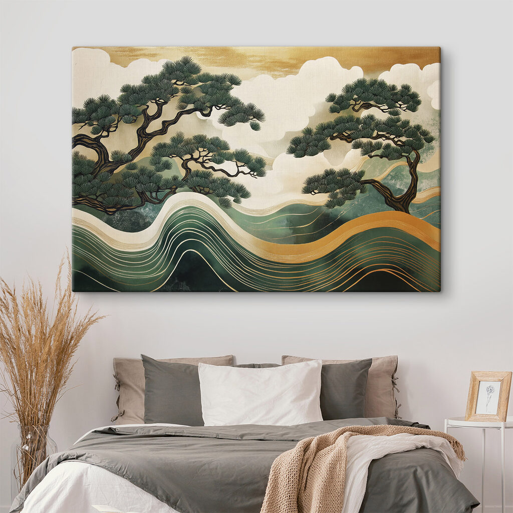 Painting of trees and waves
