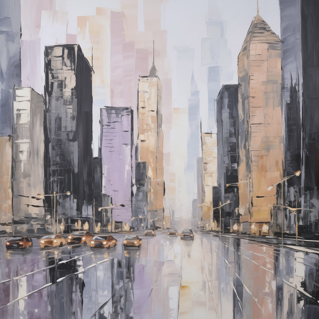 Painting of a city street with cars and buildings Painting of a city street with cars and buildings