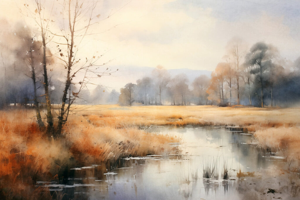 Watercolor painting of a marsh with trees and grass