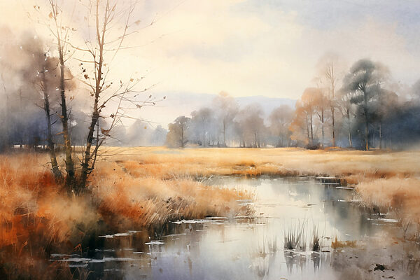 Watercolor painting of a marsh with trees and grass