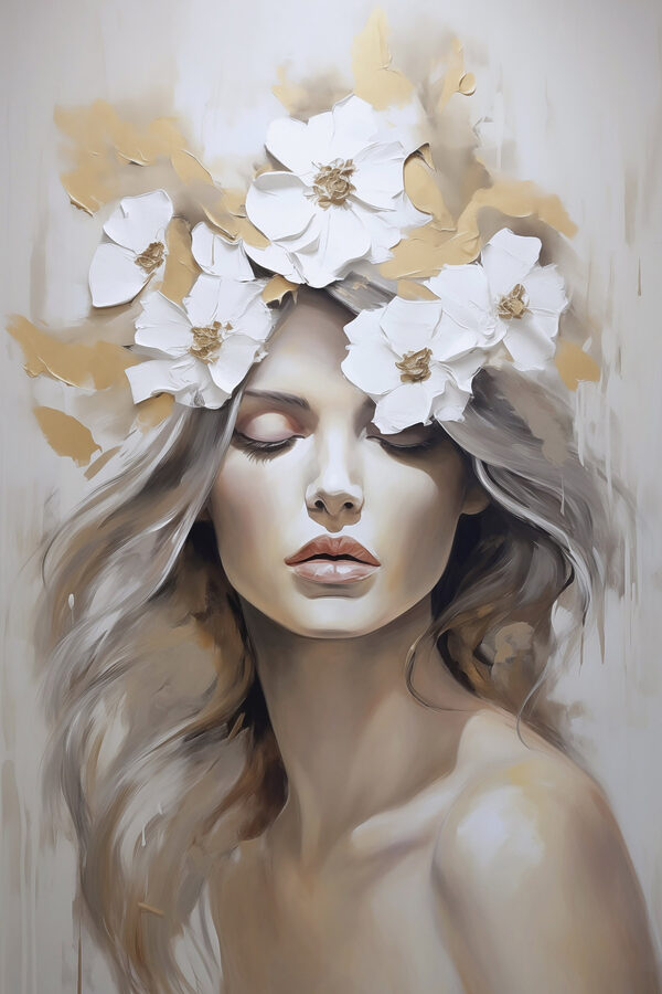 Painting of a woman with flowers in her hair Painting of a woman with flowers in her hair