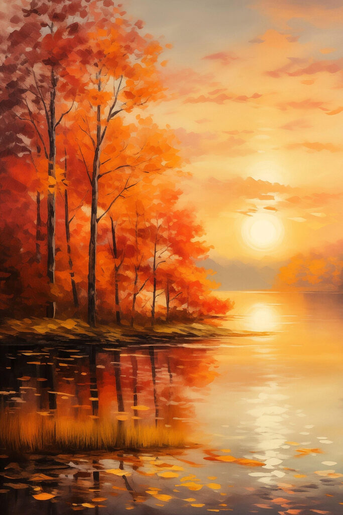 Painting of a lake with trees and orange leaves