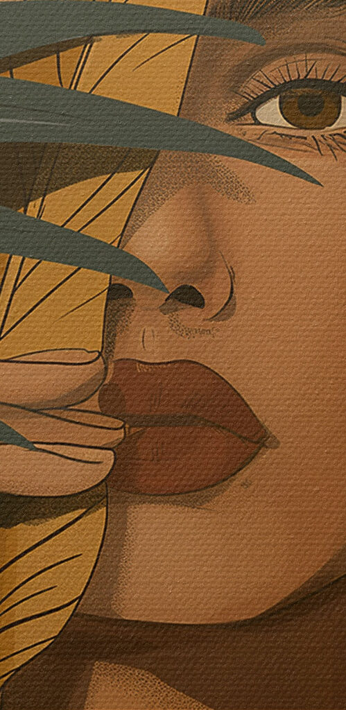 Woman holding a leaf over her face Woman holding a leaf over her face