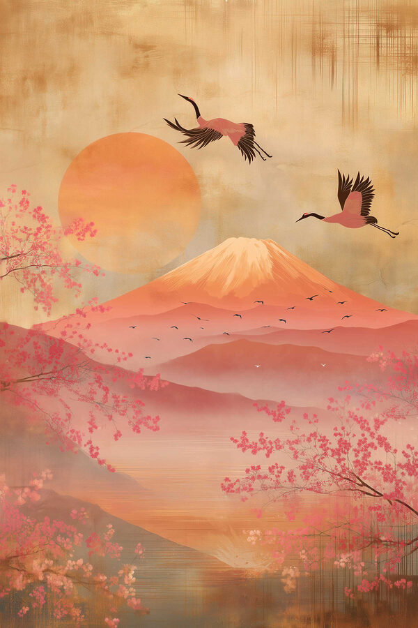 Painting of a mountain with a bird flying over it
