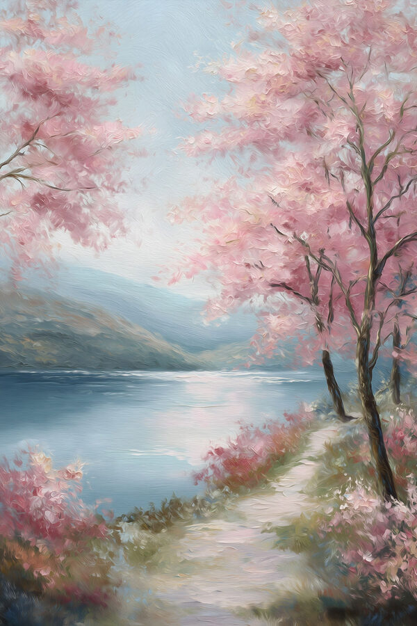 Painting of a lake with pink trees and mountains Painting of a lake with pink trees and mountains