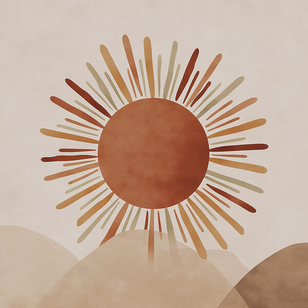 Sun with rays coming out of the top of a hill