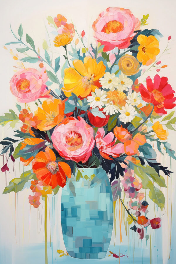 Painting of flowers in a blue vase