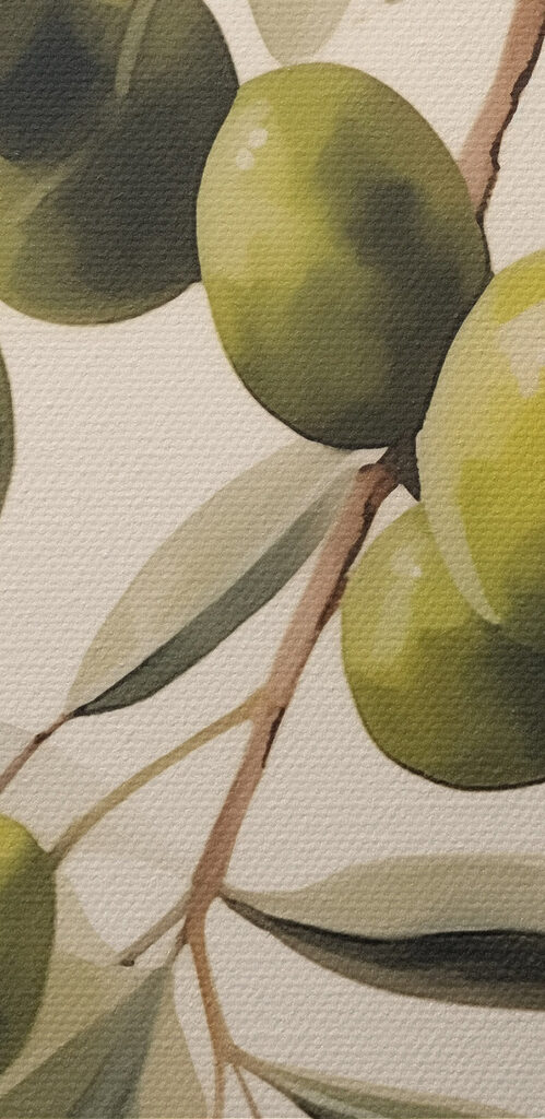 Painting of green olives on a branch