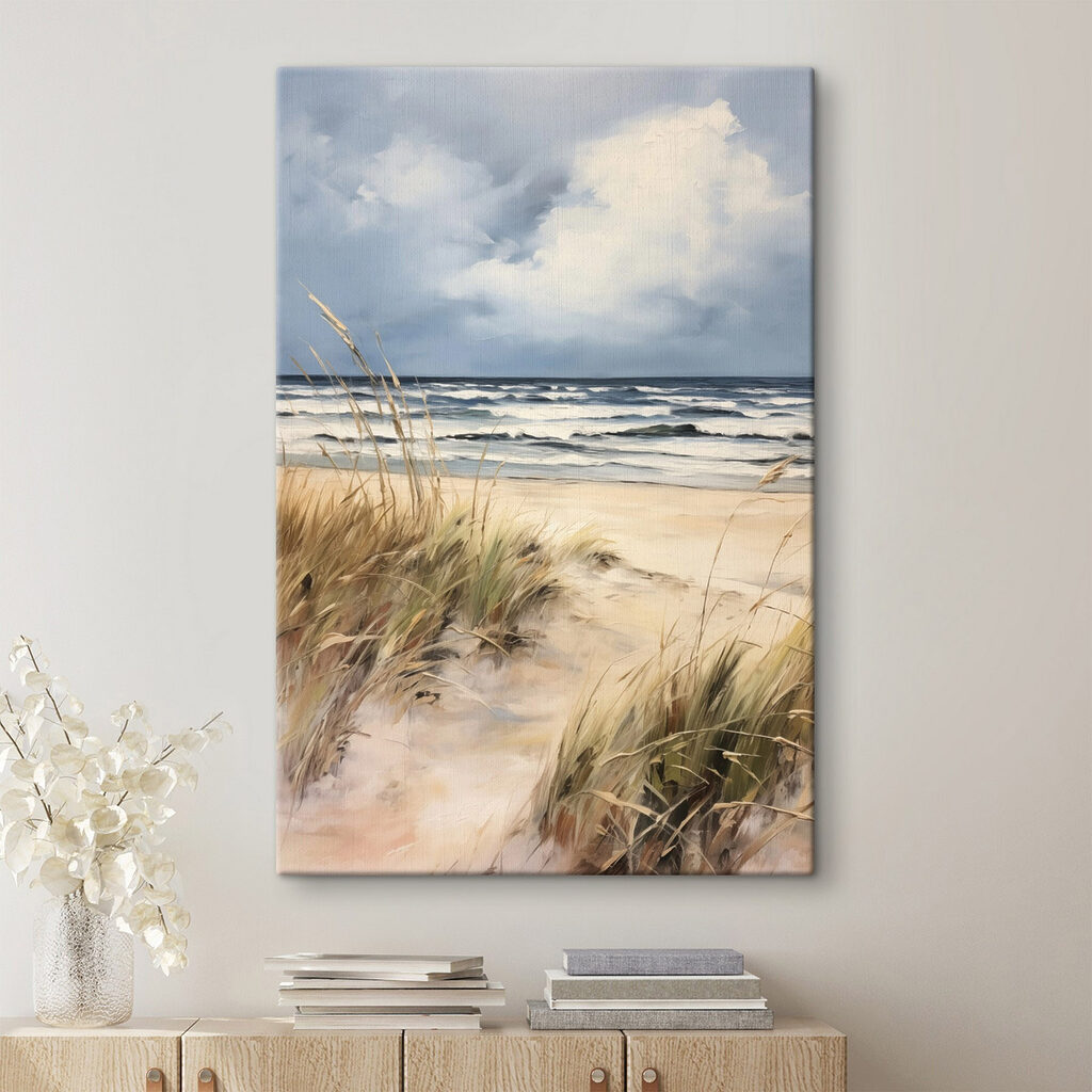 Beach with grass and waves