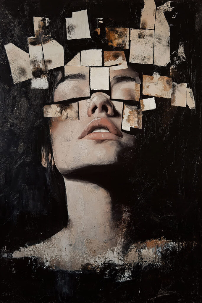 Woman with many square pieces of paper over her face