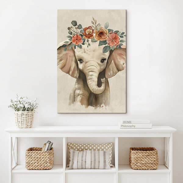 Baby elephant with flowers on its head