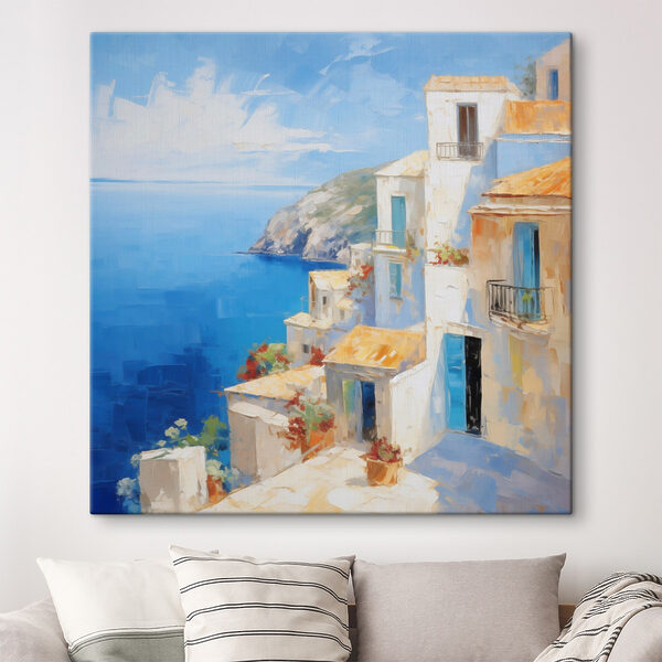 Painting of a white building with a blue sky and water