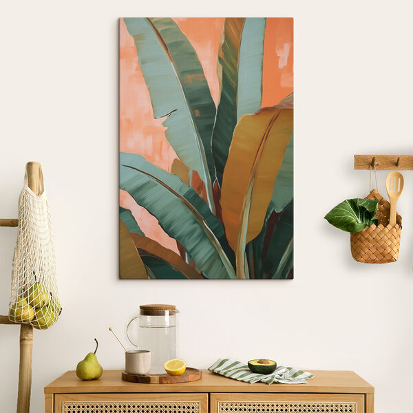 Vibrant tropical leaves against peach backdrop
