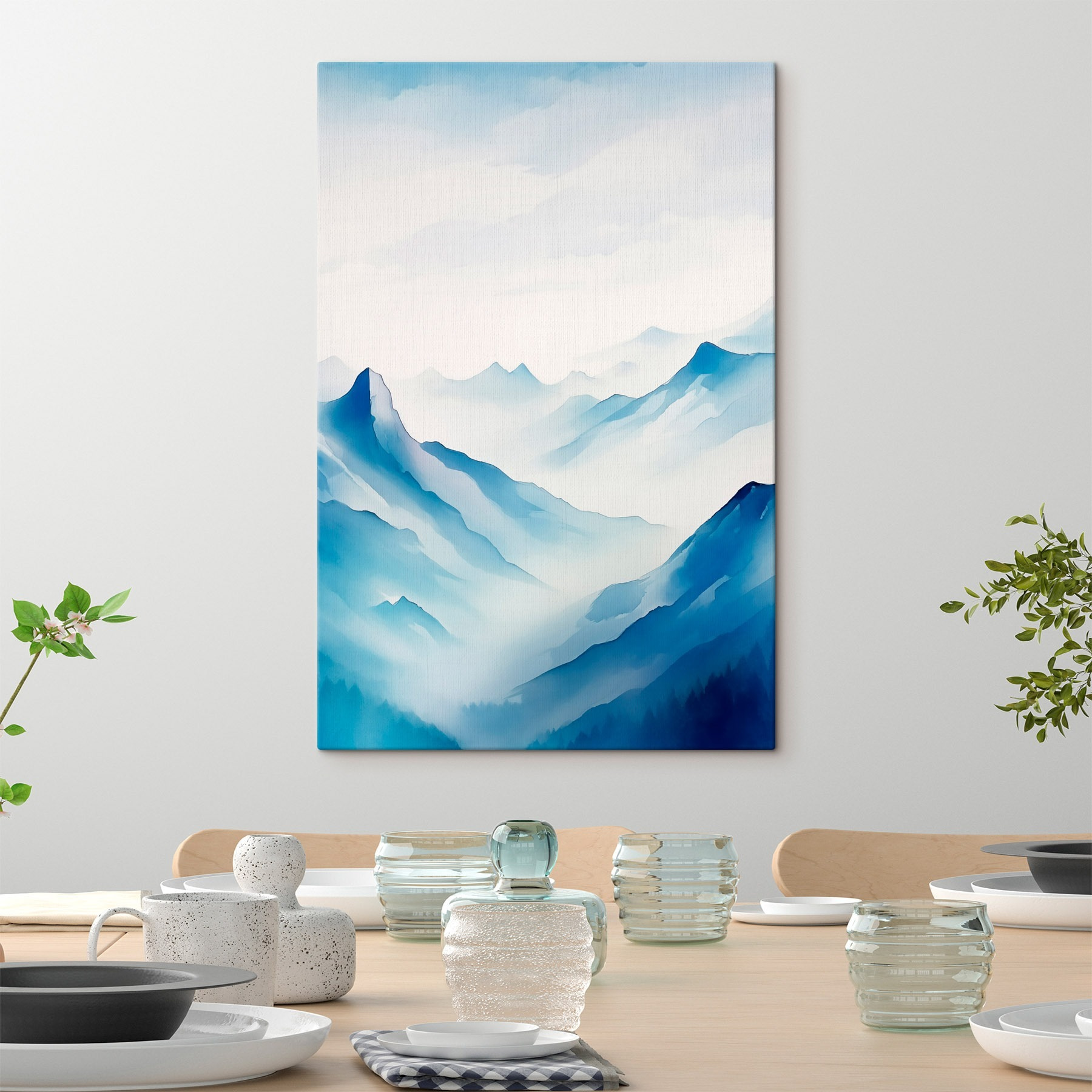 Painting of mountains and fog