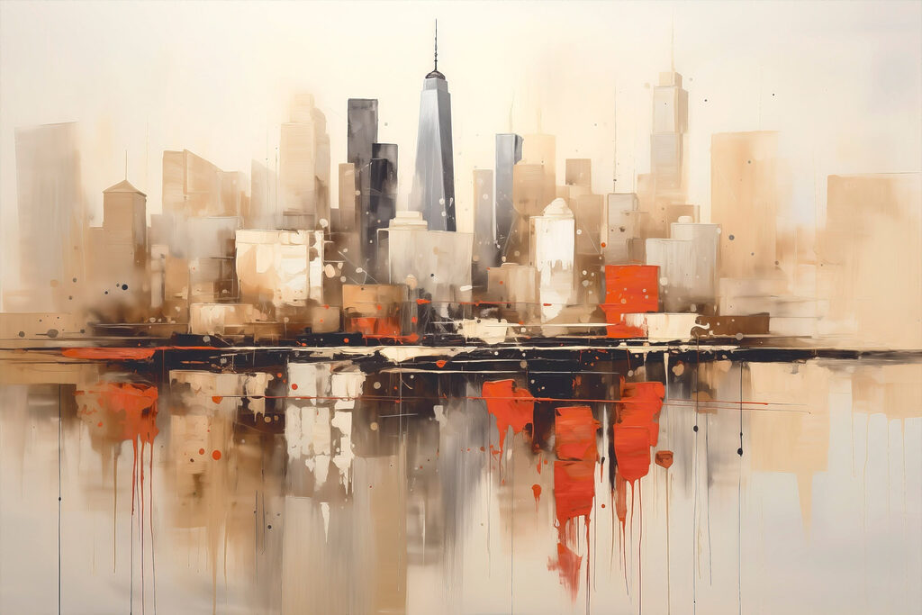 Painting of a city with a reflection of a building