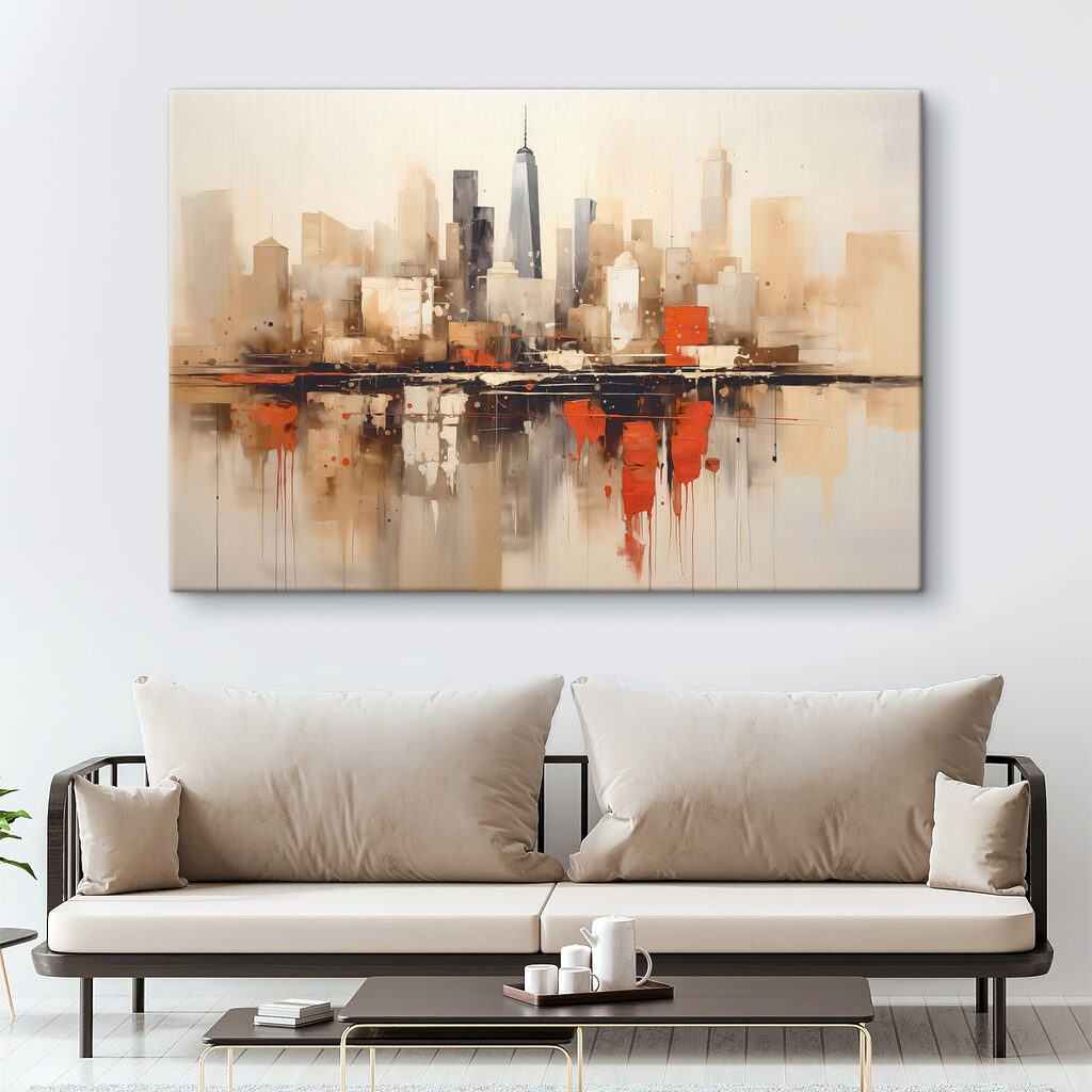 Painting of a city with a reflection of a building