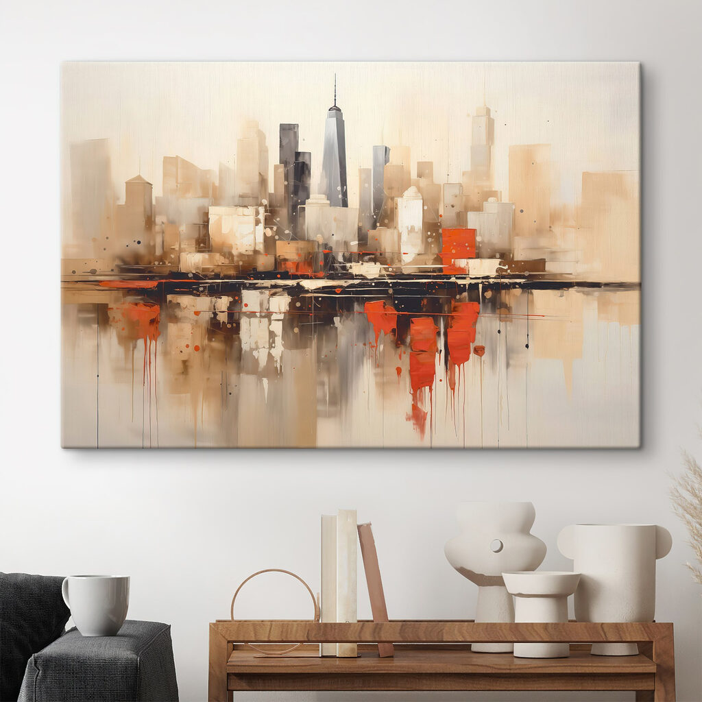 Painting of a city with a reflection of a building