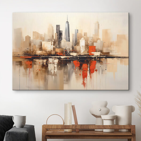 Painting of a city with a reflection of a building