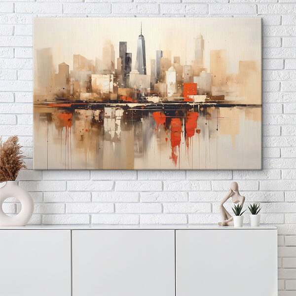 Painting of a city with a reflection of a building