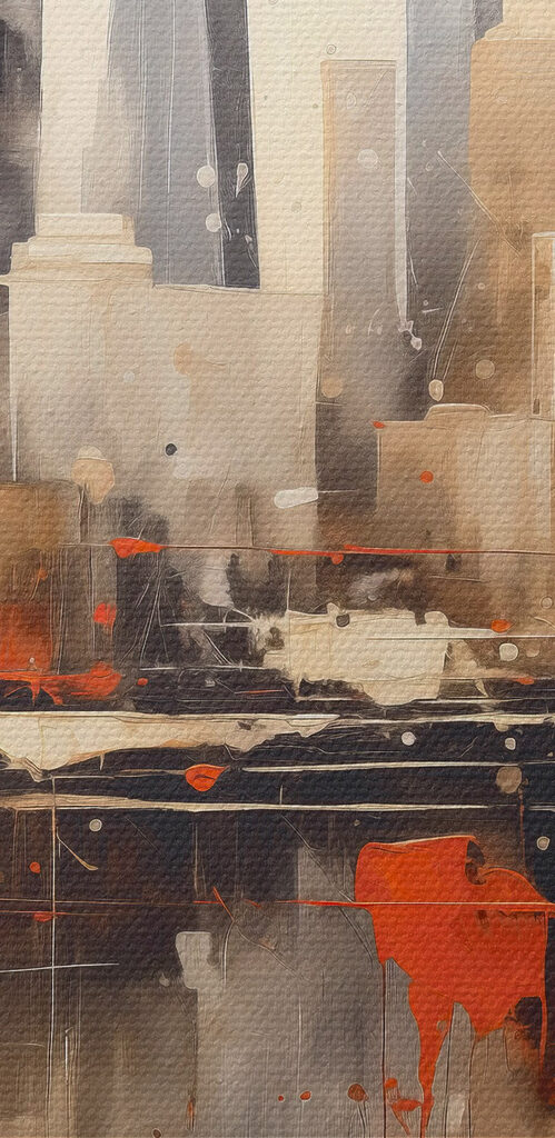 Painting of a city with a reflection of a building