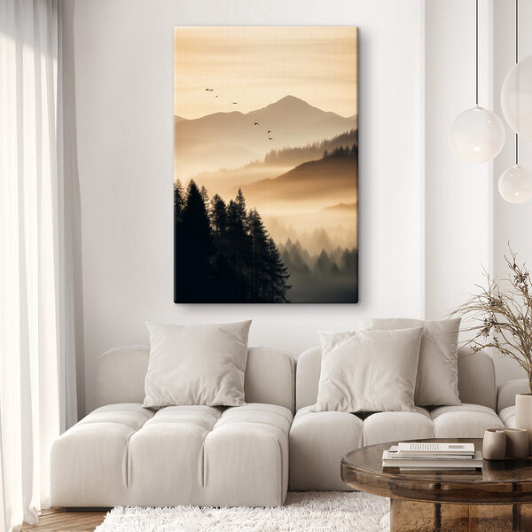Birds flying over a valley with mountains and trees