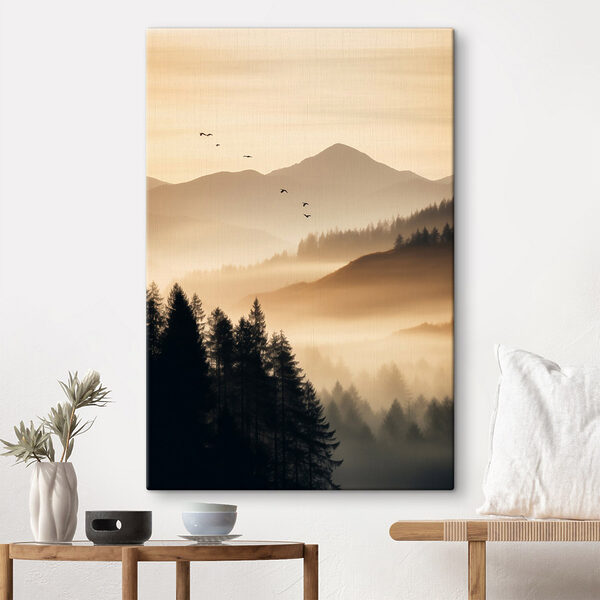Birds flying over a valley with mountains and trees