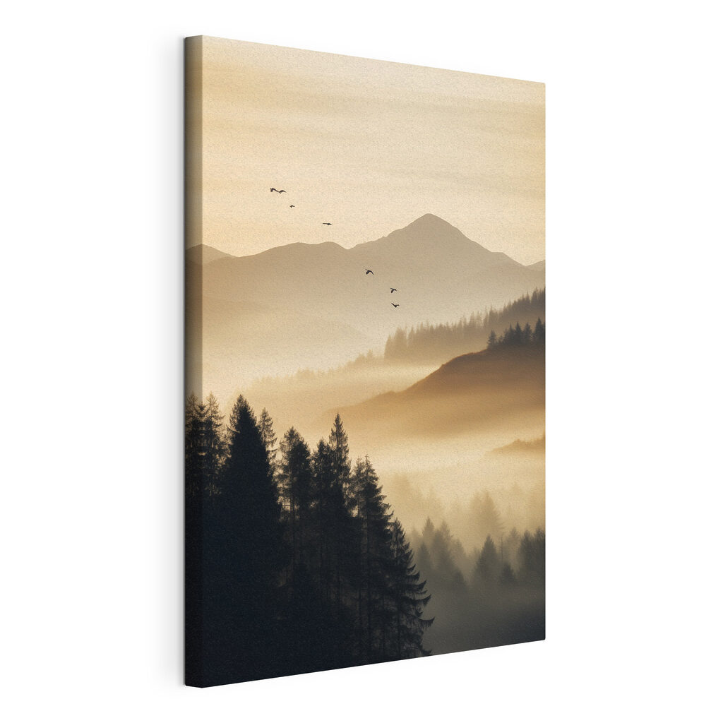 Birds flying over a valley with mountains and trees