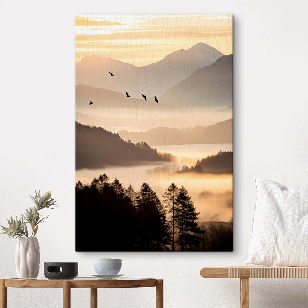 Birds flying over a valley with mountains and fog