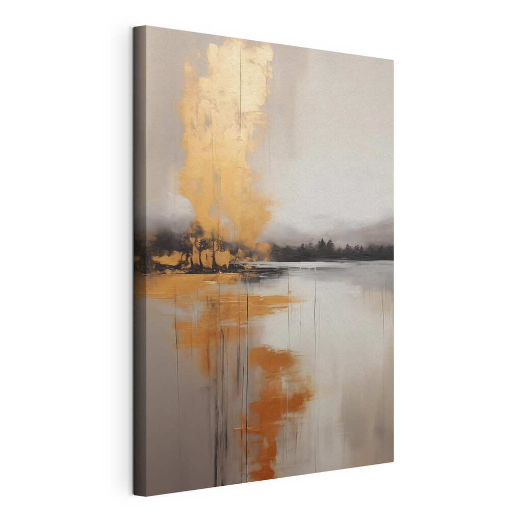 Painting of a lake with trees and fog Painting of a lake with trees and fog