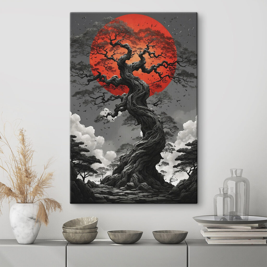 Tree with a red sun behind it Tree with a red sun behind it