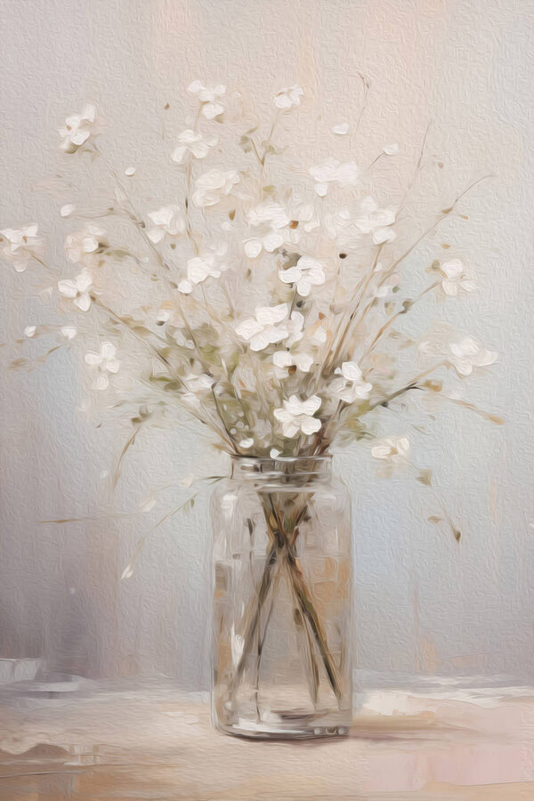 Painting of a vase with white flowers