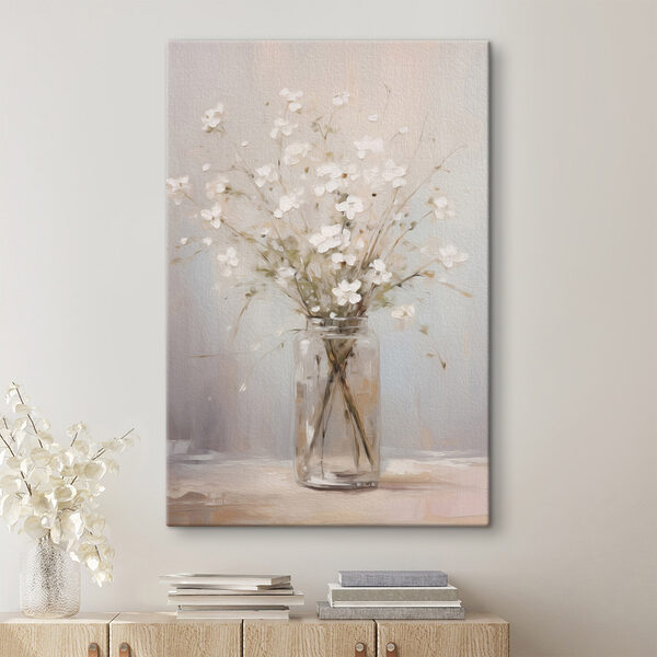 Painting of a vase with white flowers