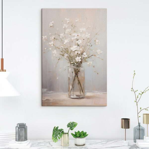 Painting of a vase with white flowers
