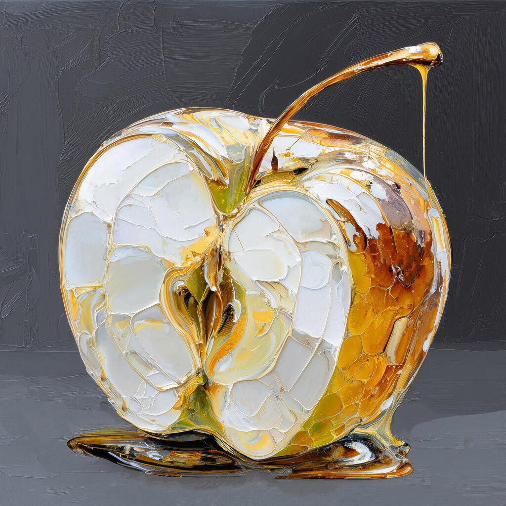 Transparent apple with golden drips