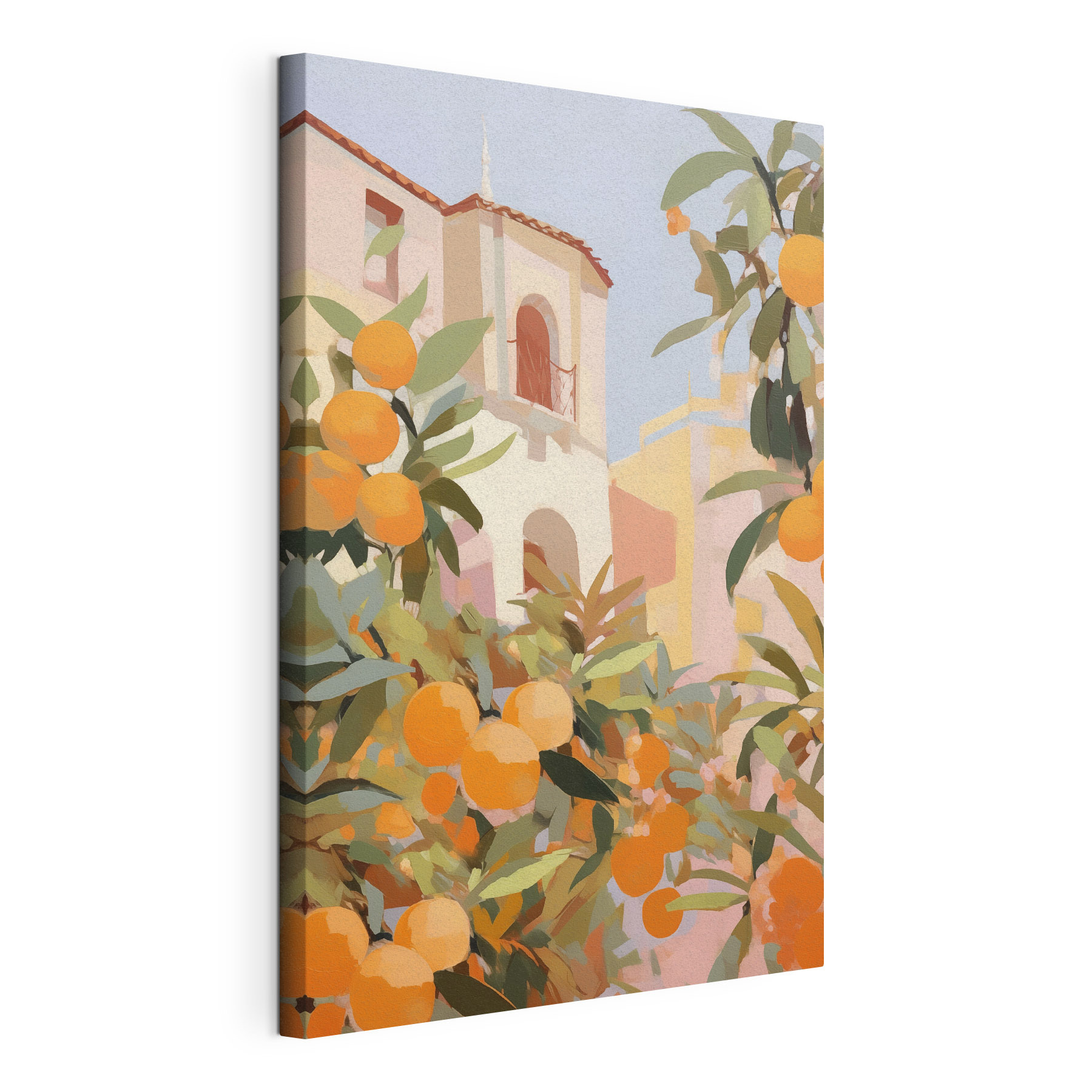 Oranges growing on a tree with buildings in the background Oranges growing on a tree with buildings in the background